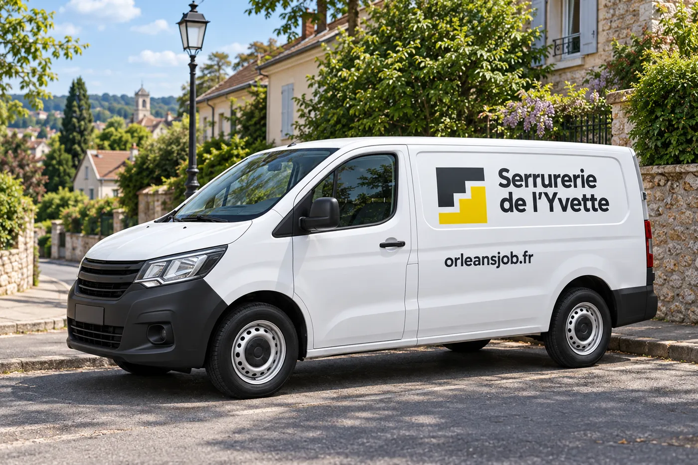 Camionnette Serrurerie de l'Yvette stationnée dans une rue résidentielle d'Orsay
