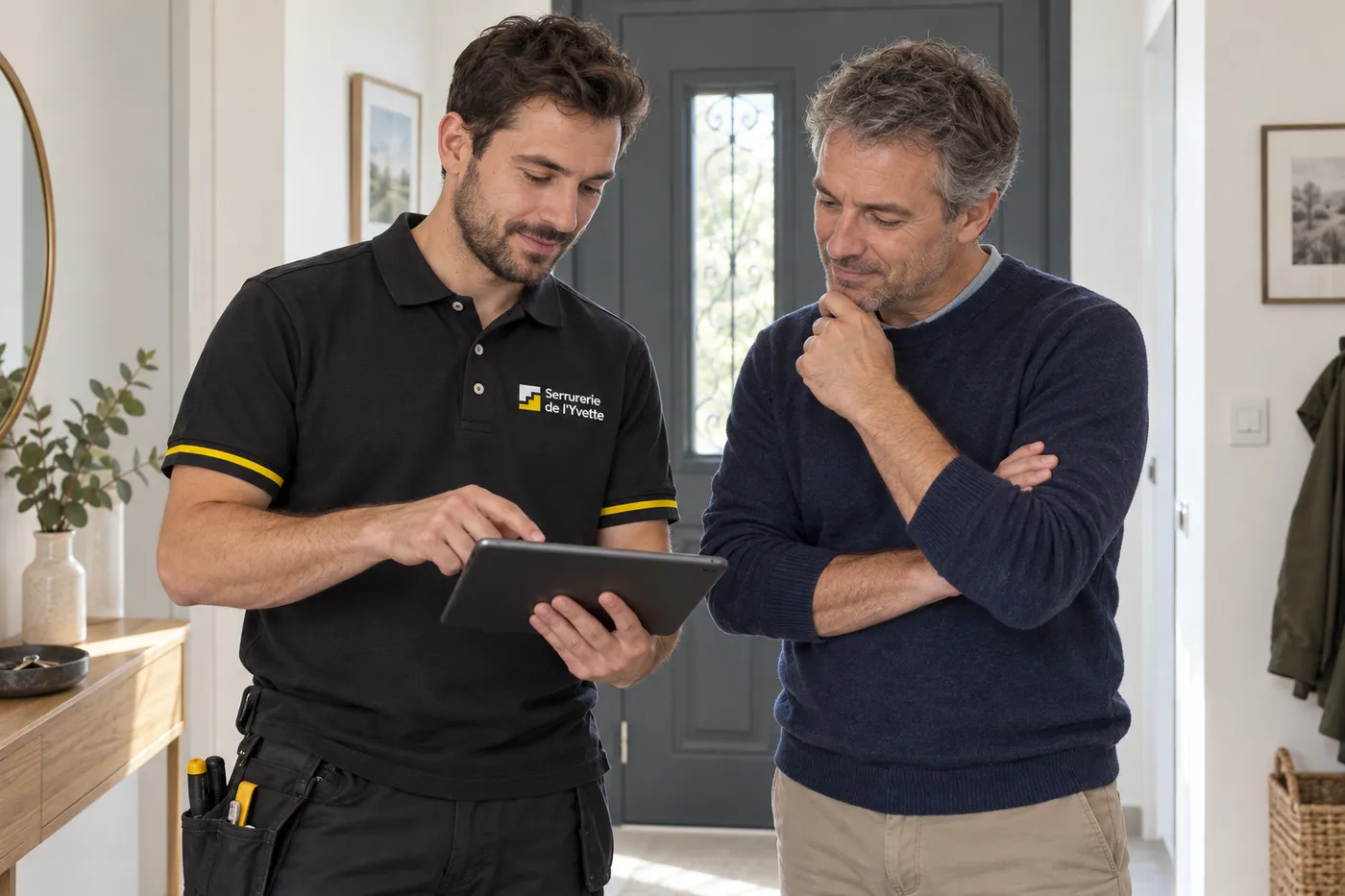 Serrurier présentant un devis sur tablette à un client dans l'entrée de sa maison
