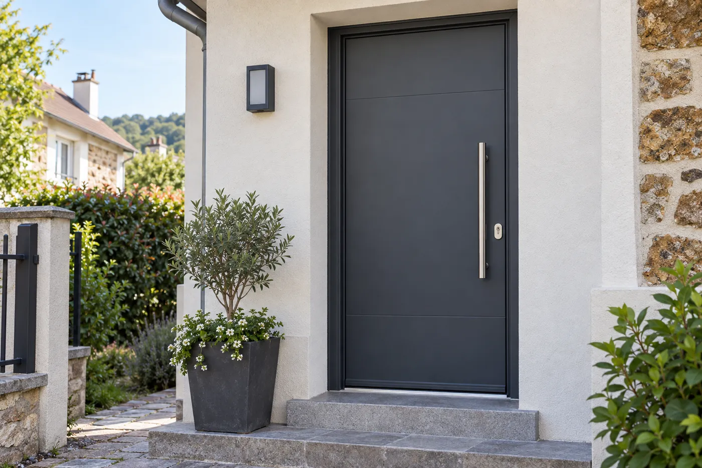 Porte d'entrée blindée gris anthracite d'une maison, avec poignée verticale