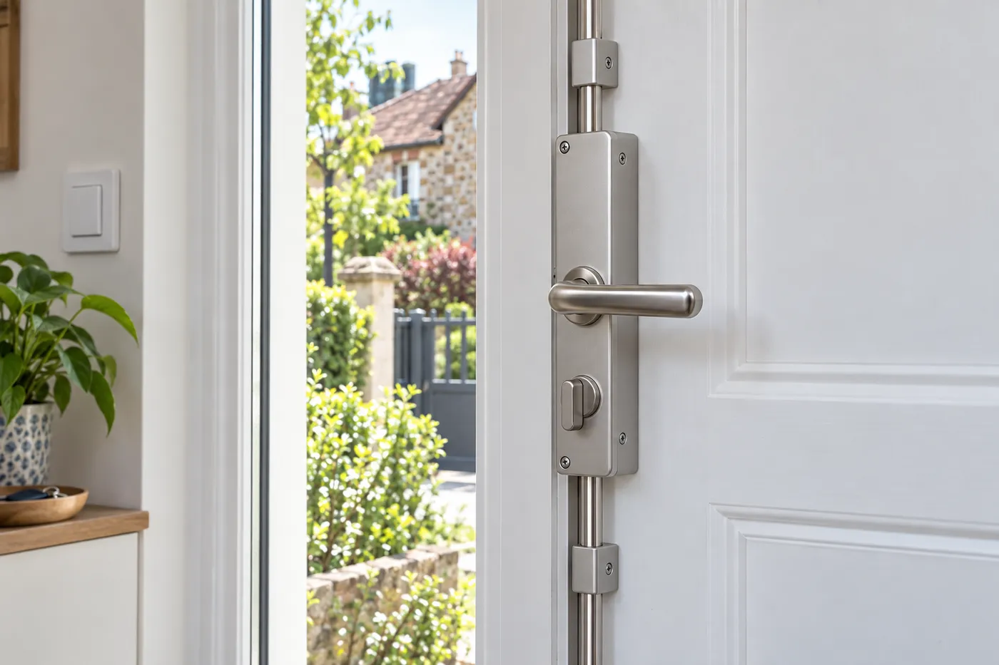 Serrure multipoint en applique posée sur une porte d'entrée blanche, avec poignée et bouton de condamnation